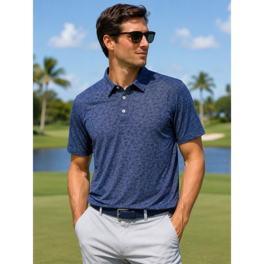 BURLEBO Mens Navy Performance Polo Size‎ S Geometric Golf Shirt
